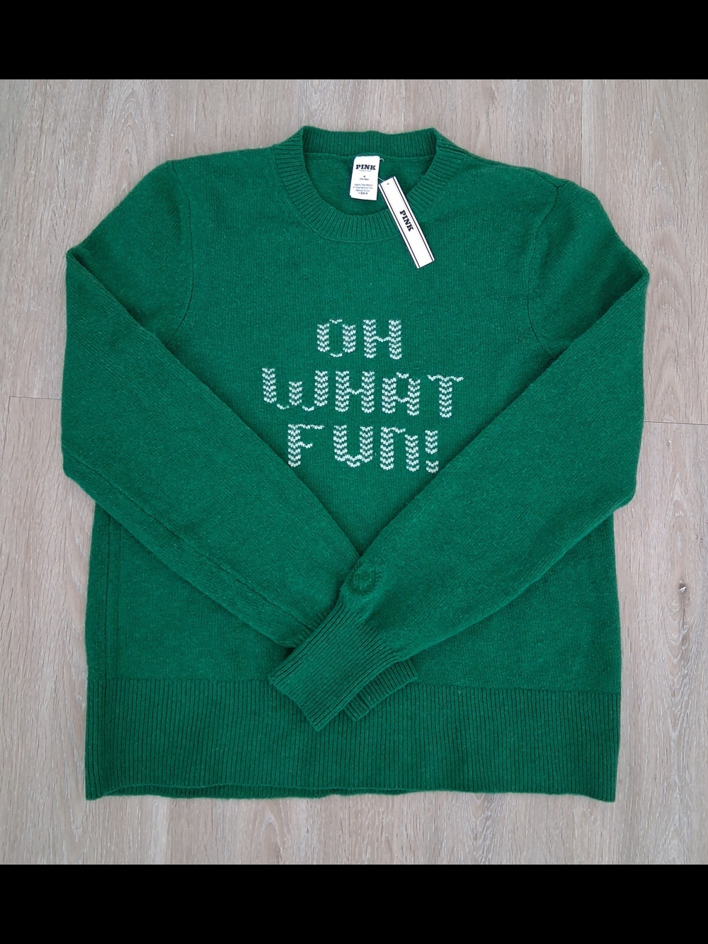 PINK Victoria's Secret Kelly Green Crewneck Sweater with "Oh What Fun" Text - Picture 4 of 7